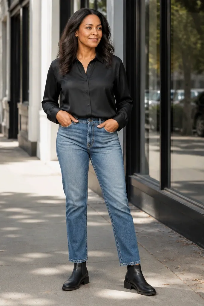 Black tencel shirt with light indigo jeans and black chelsea boots