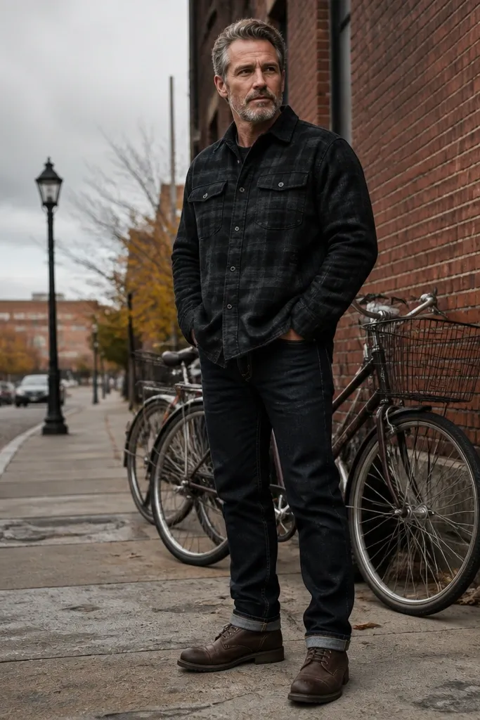 Black flannel shirt with blue rinse jeans and dark brown work boots