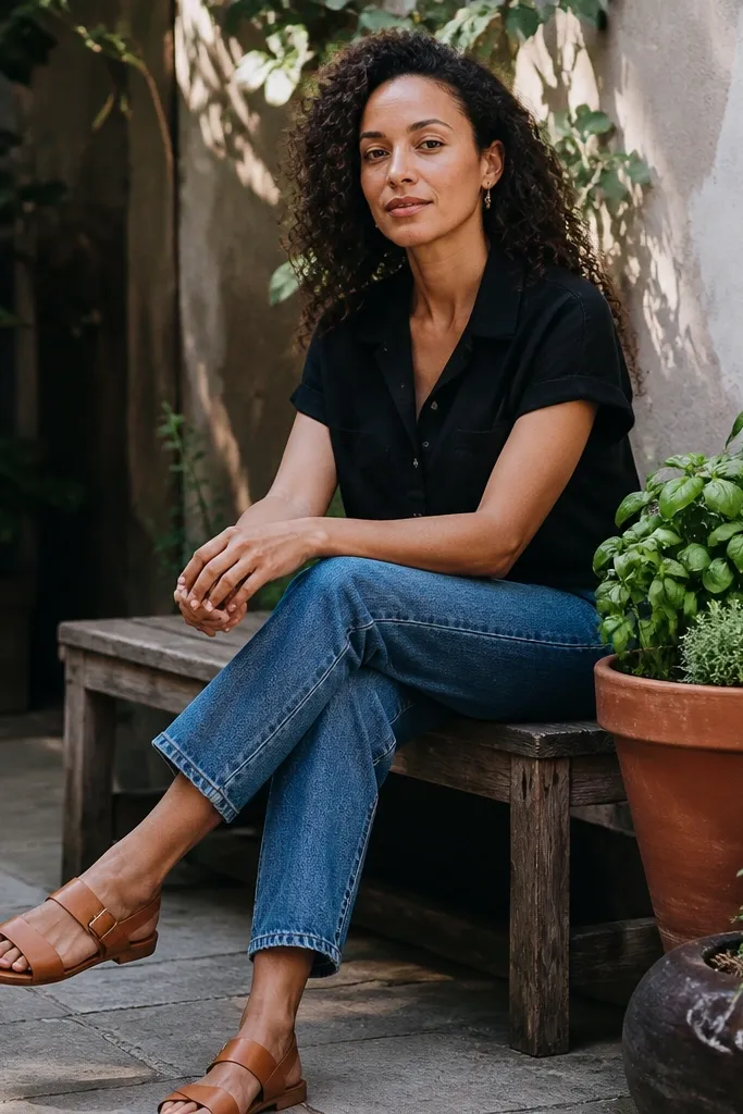 Black camp collar short-sleeve shirt with mid blue jeans and tan sandals