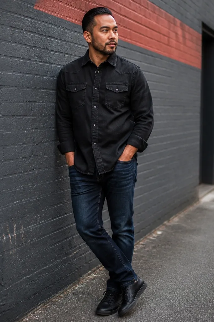 Black denim shirt with indigo jeans and black sneakers