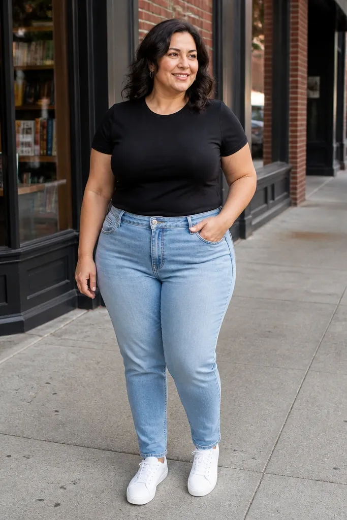Black fitted tee tucked into light wash jeans with white leather sneakers