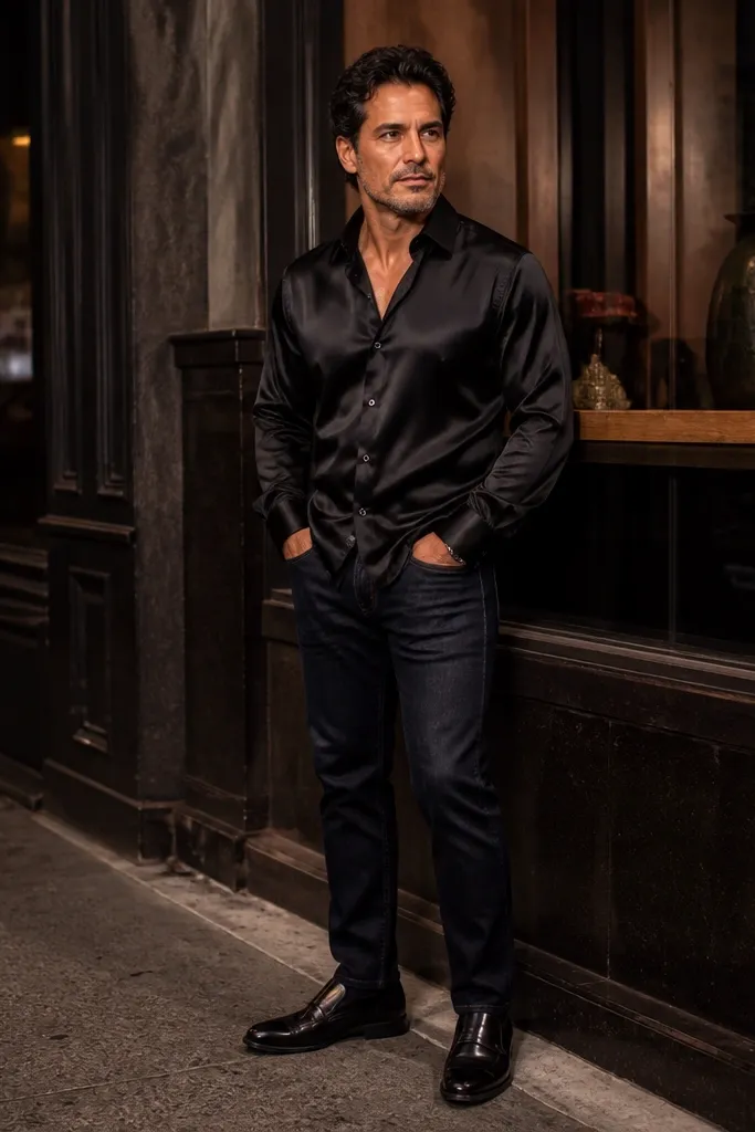 Black satin shirt with dark blue jeans and black loafers