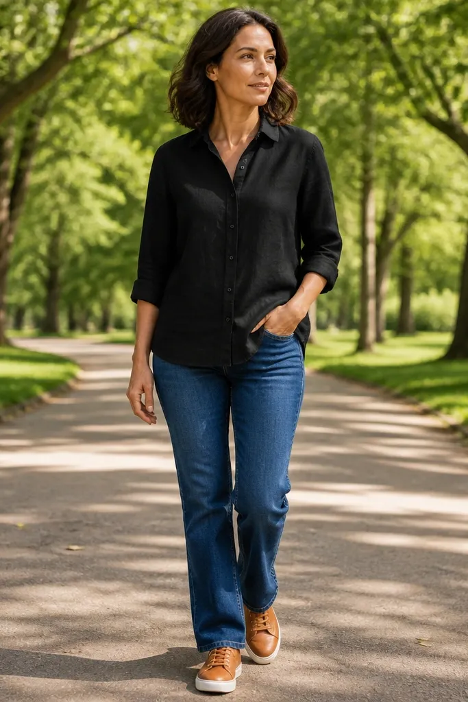 Black linen shirt with indigo jeans and tan leather sneakers