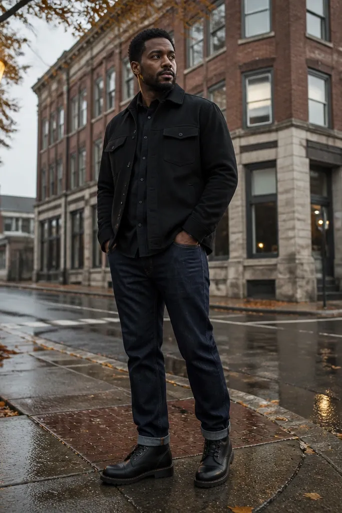 Black overshirt with dark blue jeans and black work boots