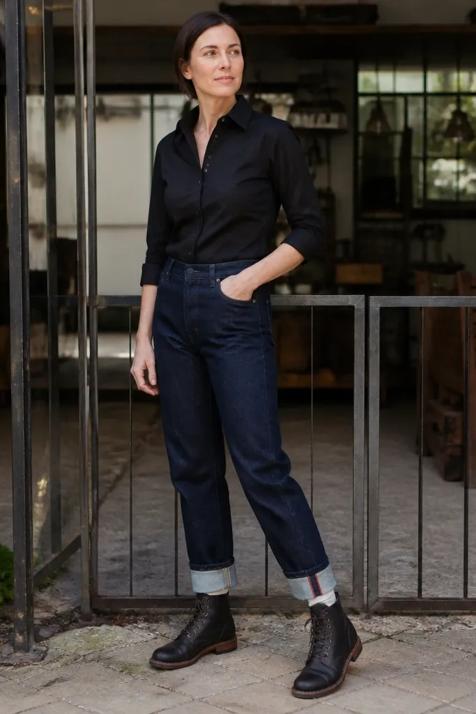 Black button-up with rolled sleeves and indigo selvedge jeans