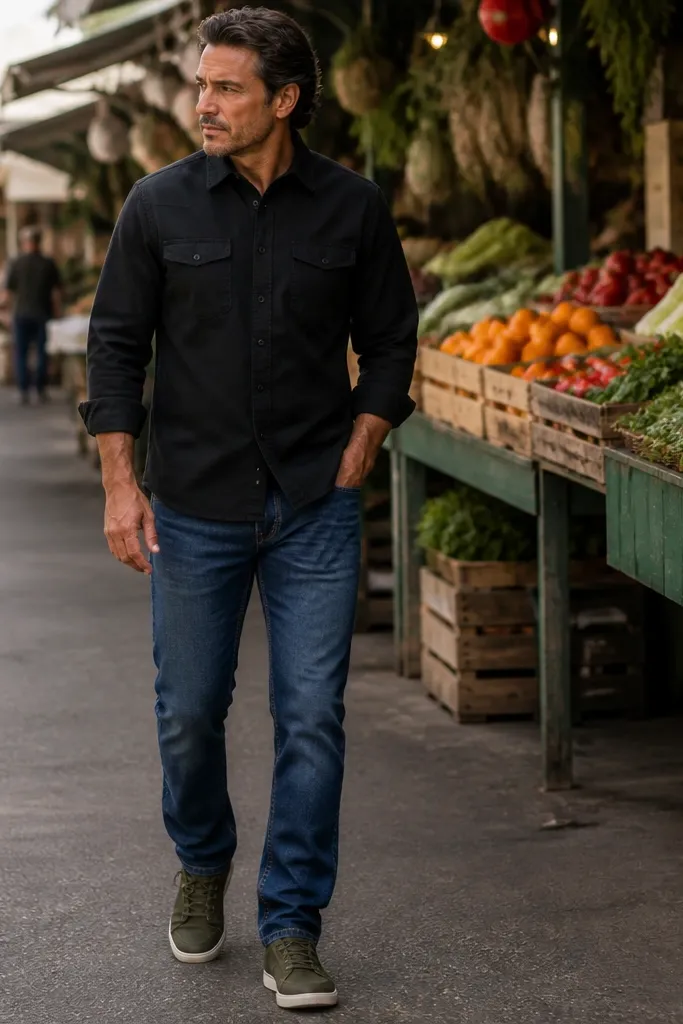 Black utility shirt with straight jeans and olive canvas sneakers