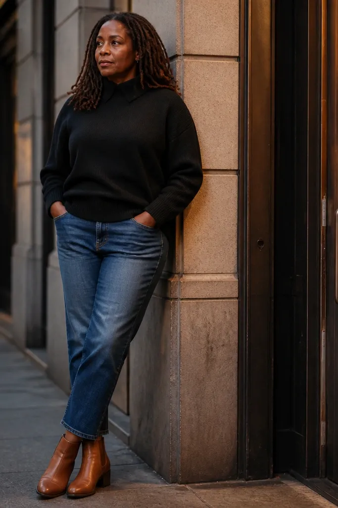 Black sweater shirt with blue jeans and cognac chelsea boots