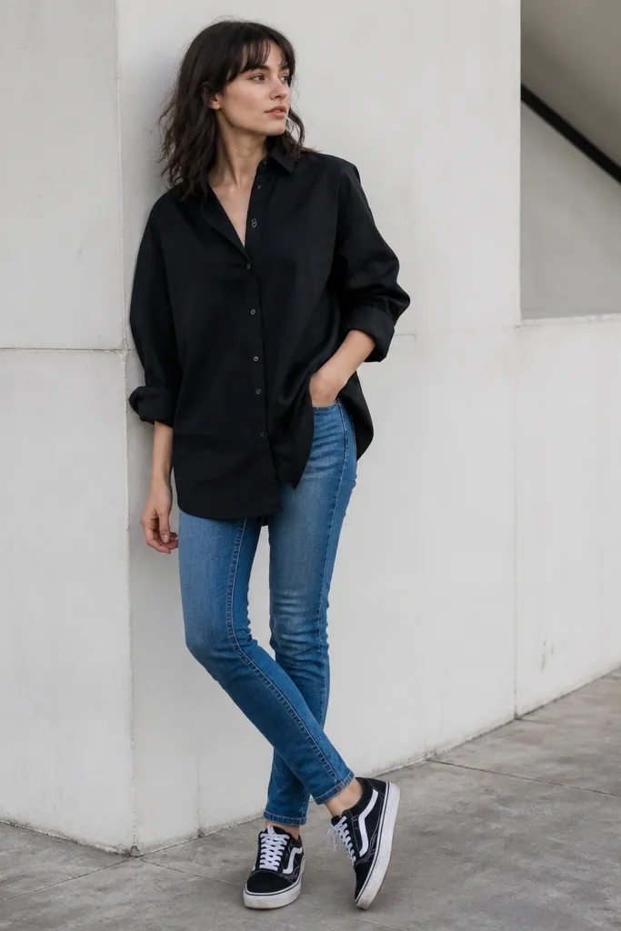 Black oversized shirt with slim blue jeans and black-and-white sneakers