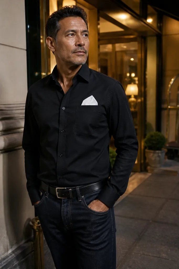 Black button-down with white pocket square and dark indigo jeans