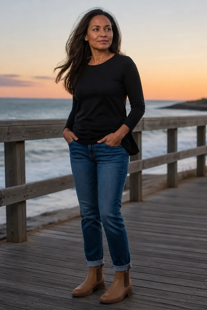 Black long-sleeve tee with cuffed blue jeans and tan leather boots