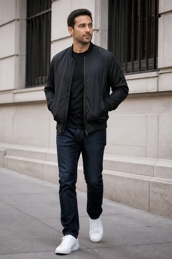 Black bomber jacket over black shirt with dark blue jeans and white sneakers