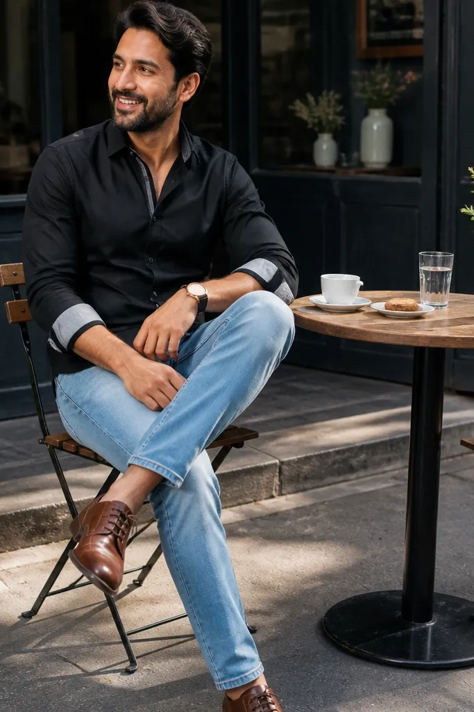 Black shirt with rolled cuffs, light blue jeans, and brown derby shoes