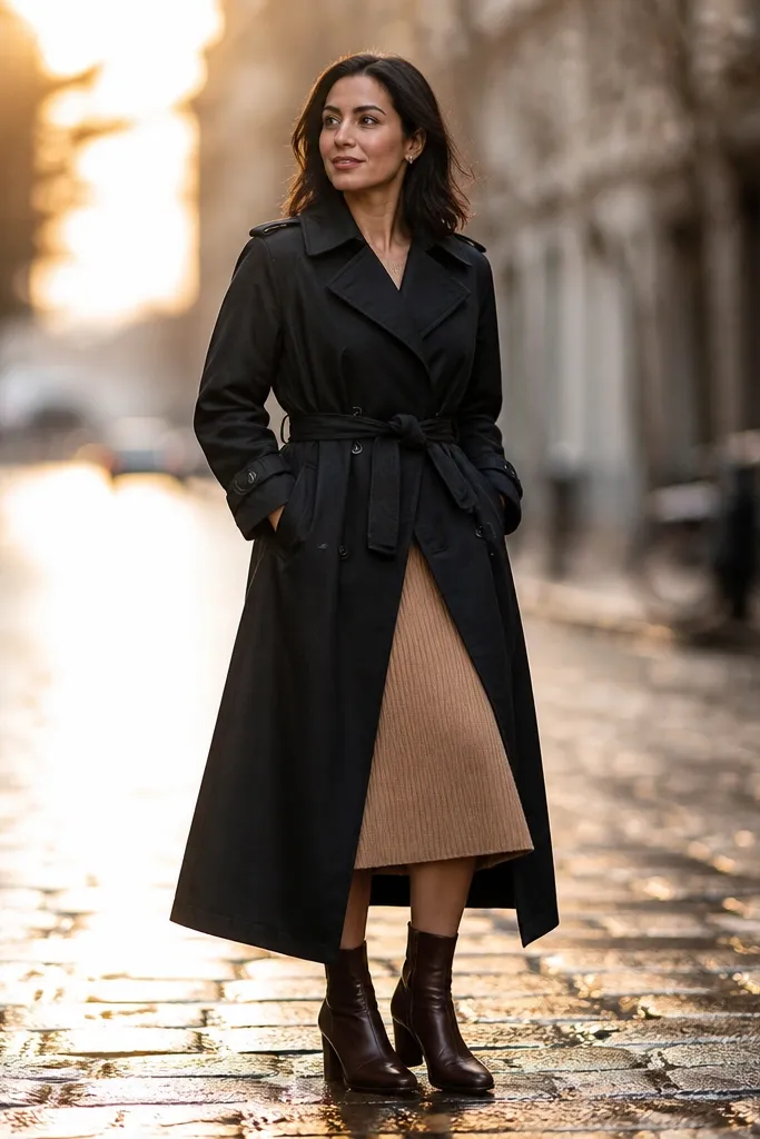 Black trench over camel knit midi skirt with brown heeled ankle boots and a tan bag