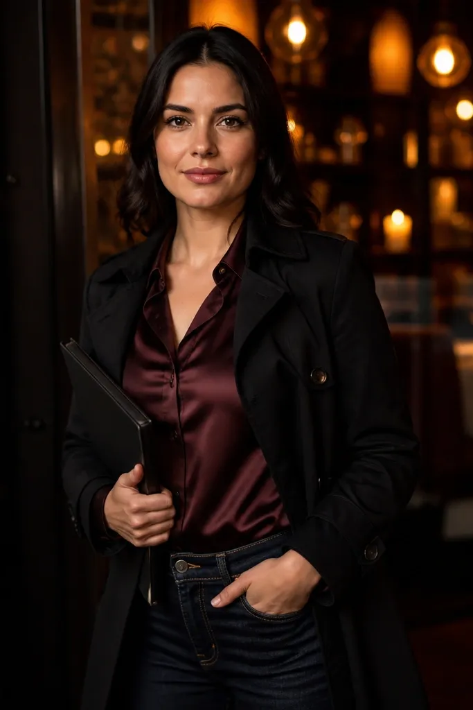 Black trench over burgundy satin blouse with dark skinny jeans and black loafers
