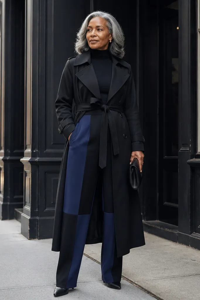 Black trench belted over navy-and-black tailored trousers with black pumps