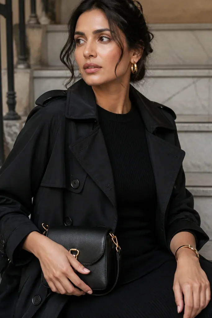 Black trench worn over ribbed knit dress and gold jewelry with black ankle boots