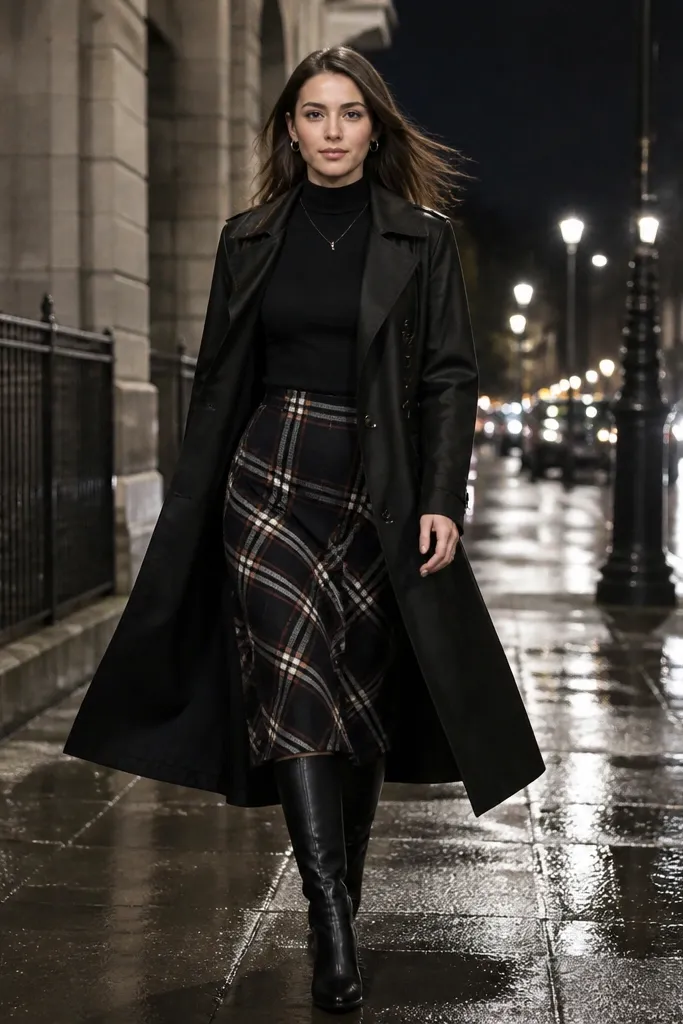 Black trench over black top with plaid midi skirt and black knee-high boots