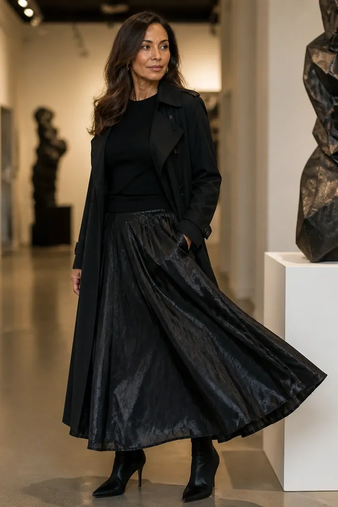 Black trench over black top with textured taffeta midi skirt and black strappy heels