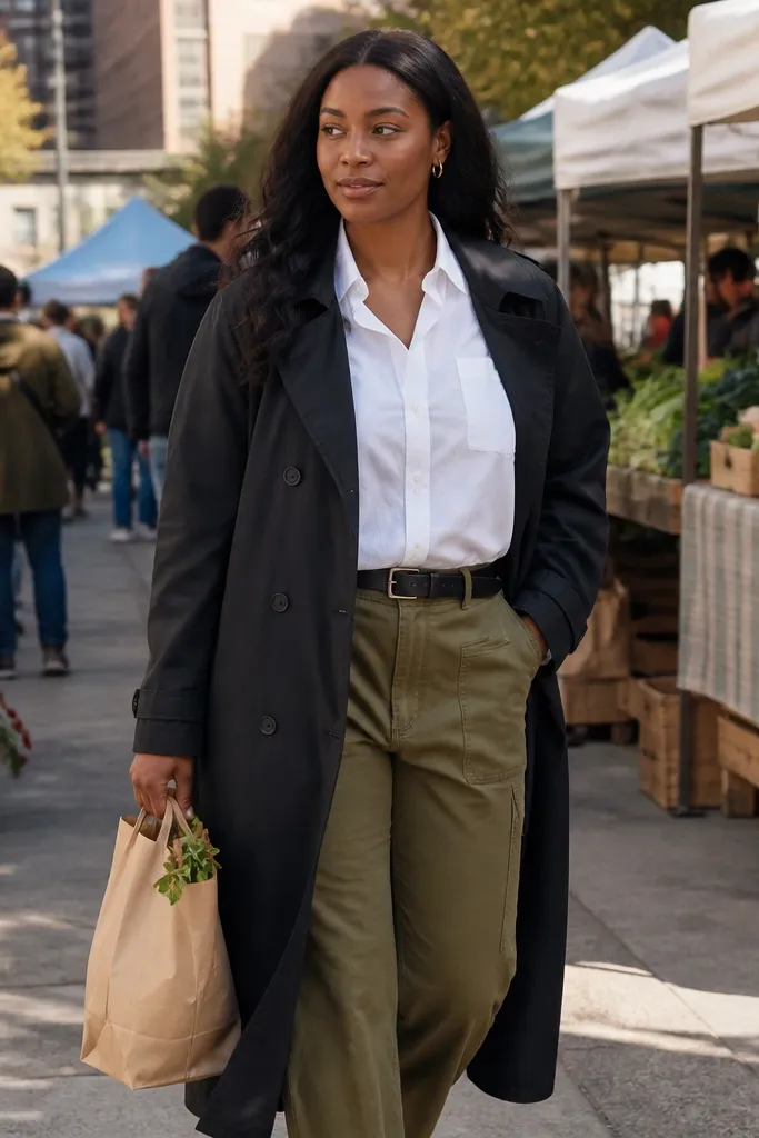 Black trench over white blouse with olive utility pants and black loafers