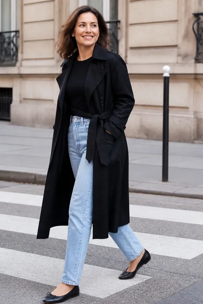 Black trench over light-wash jeans with black fitted top and black ballet flats