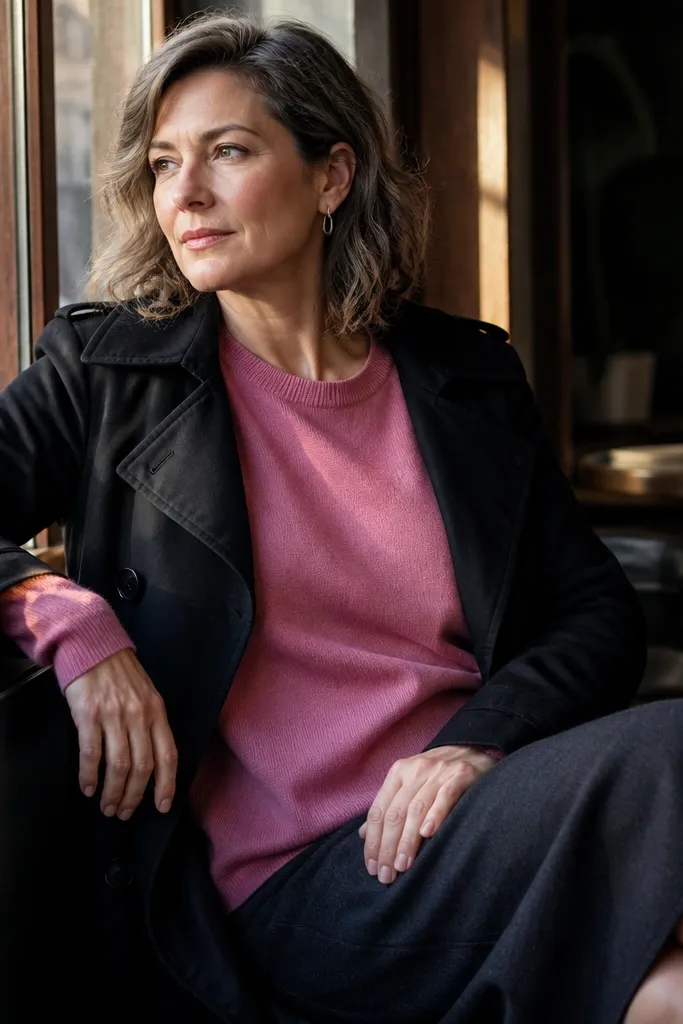 Black trench over rose-pink sweater with charcoal midi skirt and black heels
