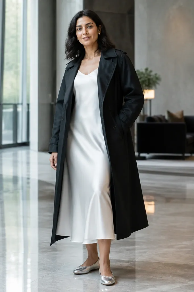 Black trench over white slip midi dress with silver ballet flats and small silver jewelry
