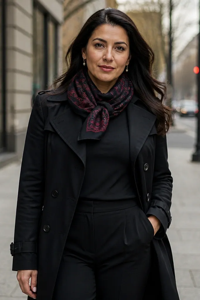 Black trench with patterned scarf at the neck, black trousers, and black loafers