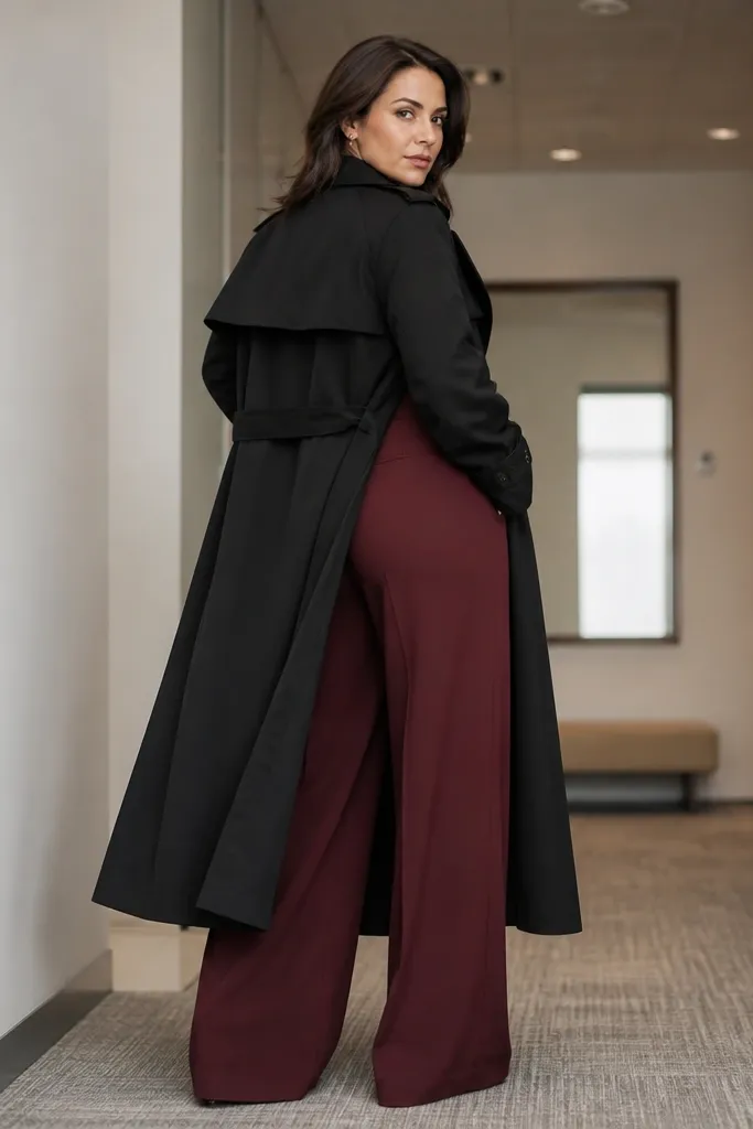Black trench over fitted black bodysuit with burgundy wide-leg pants and black heels