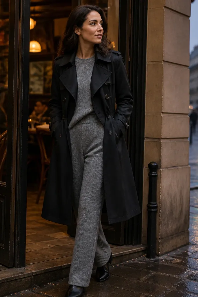 Black trench over gray knit set with slim pants and black loafers