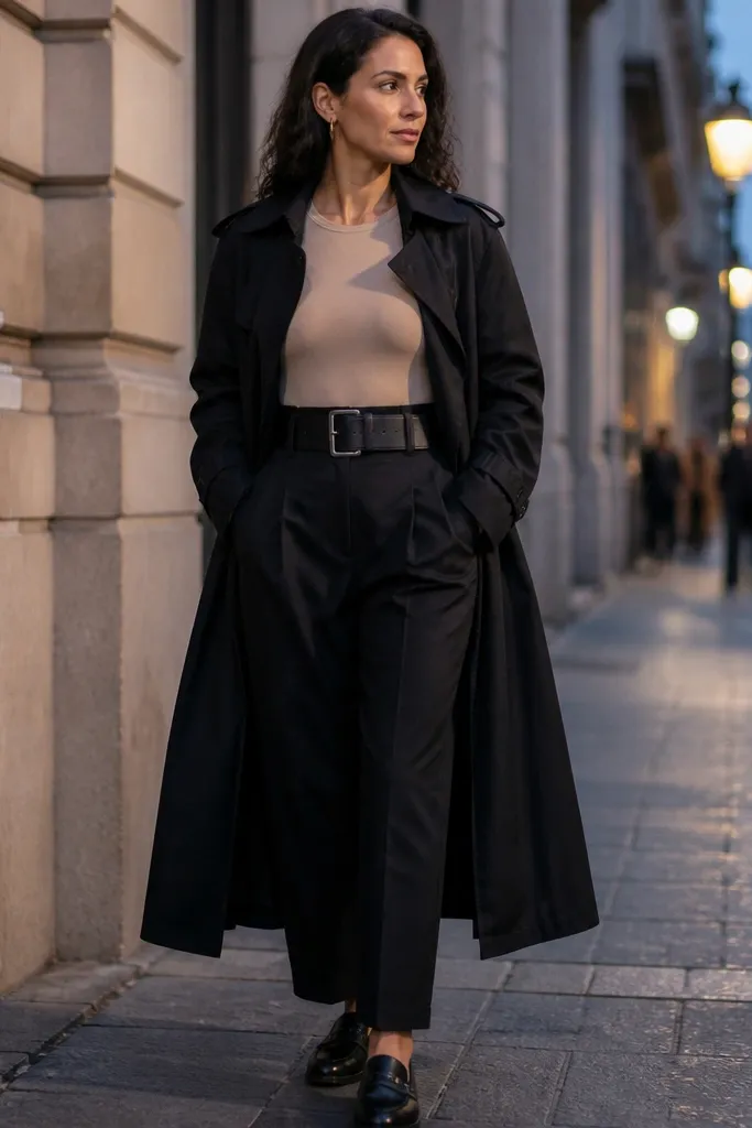 Black trench belted over nude bodysuit with black high-waist trousers and black heels
