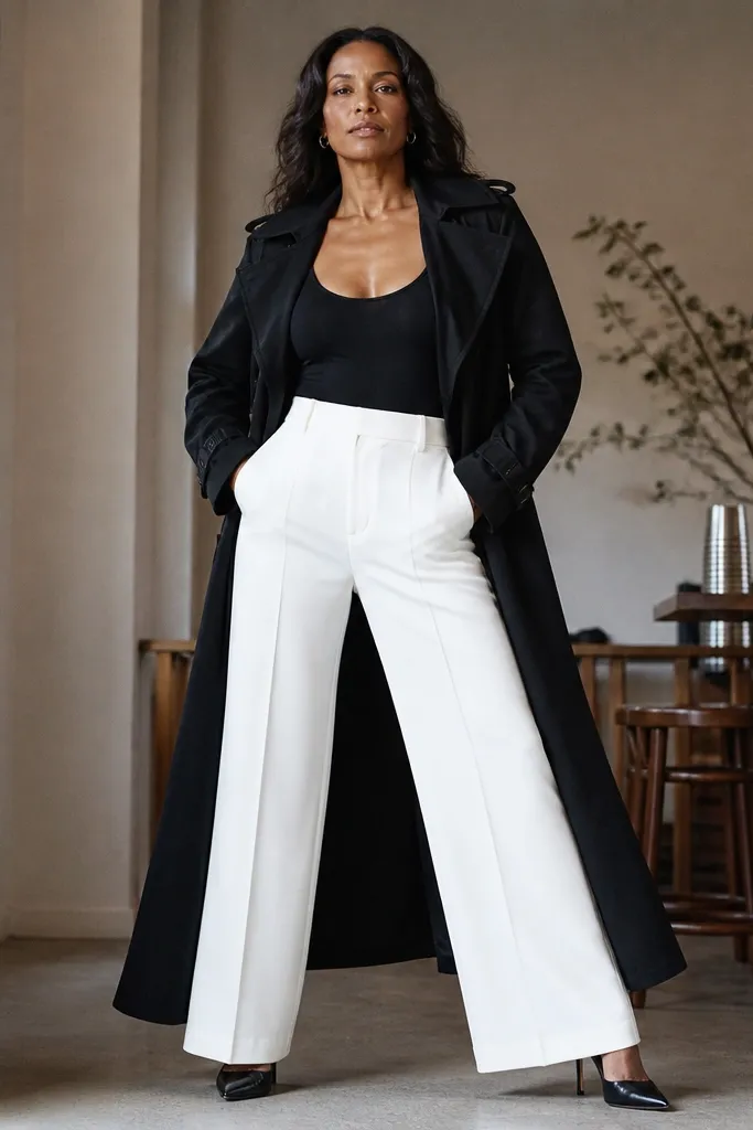 Black trench over black bodysuit with white trousers and black pointed-toe heels