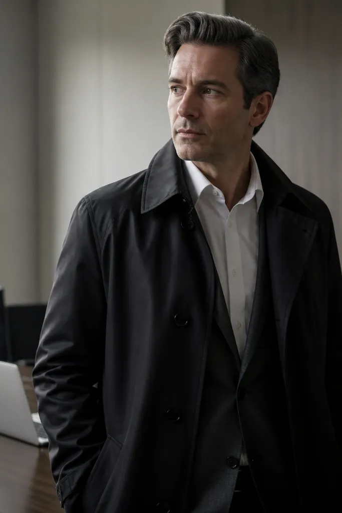 Charcoal suit with a white Oxford shirt and black trench coat, paired with black leather oxfords