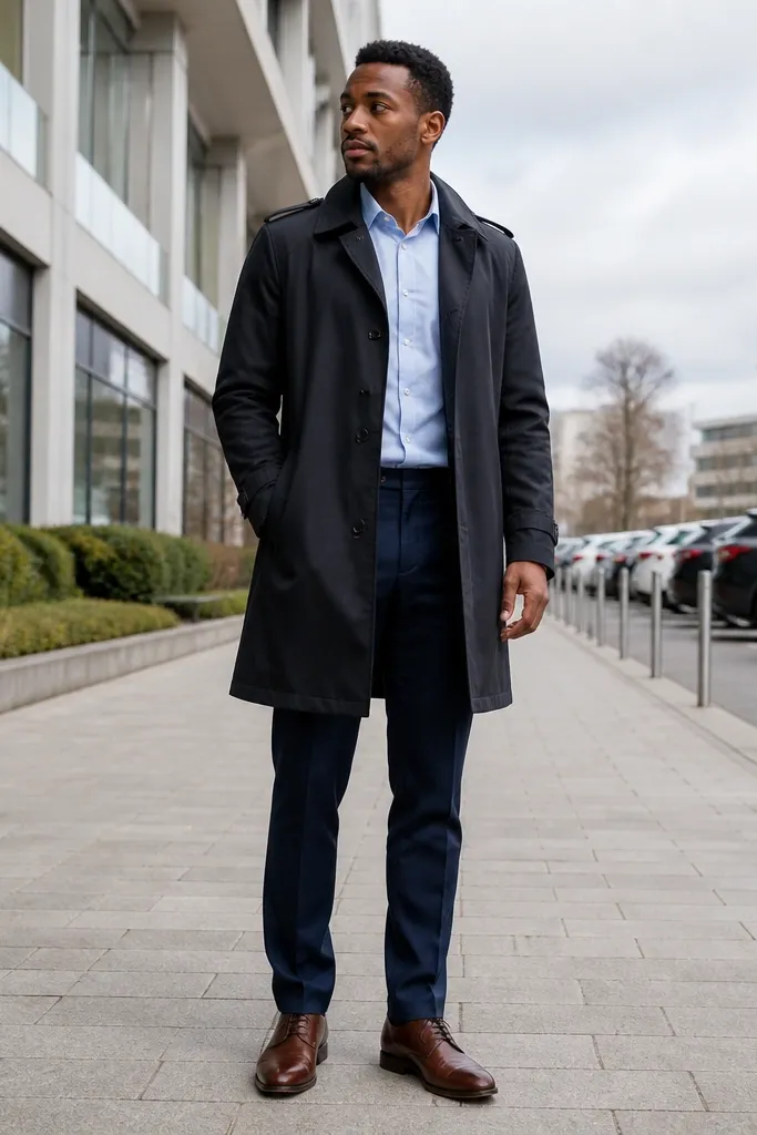 Navy trousers with a light blue shirt and black trench coat, styled with brown leather derbies