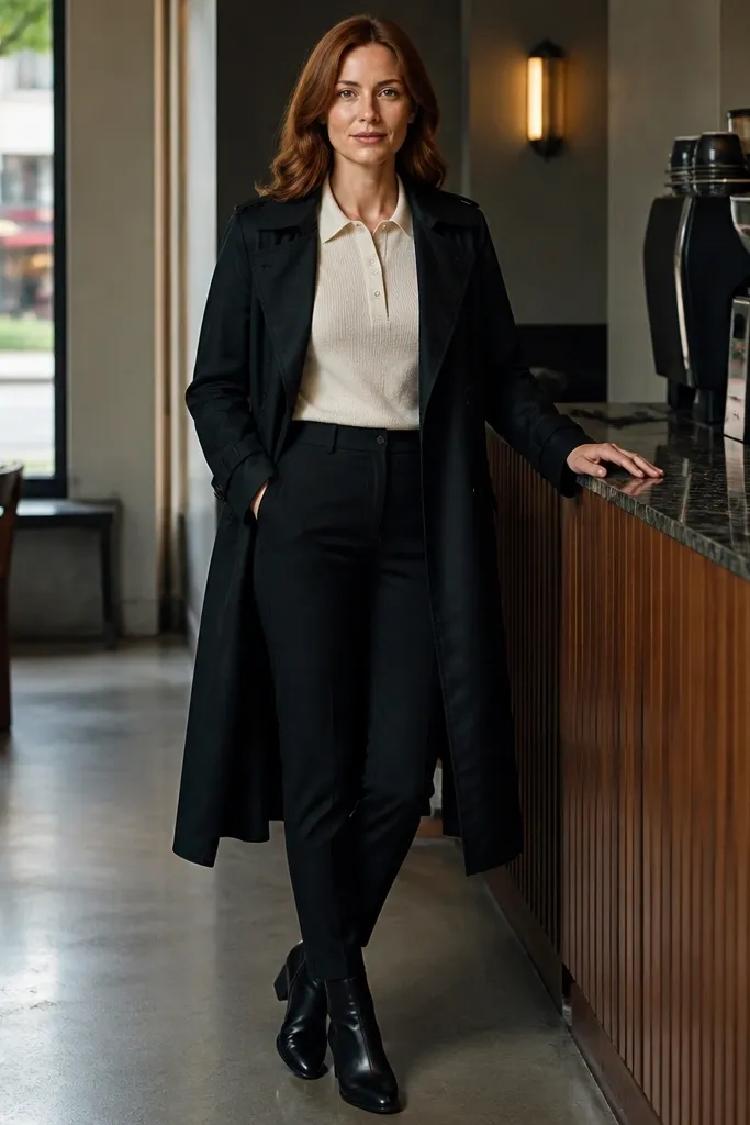 Cream knit polo with black chinos and a black trench coat, finished with black Chelsea boots