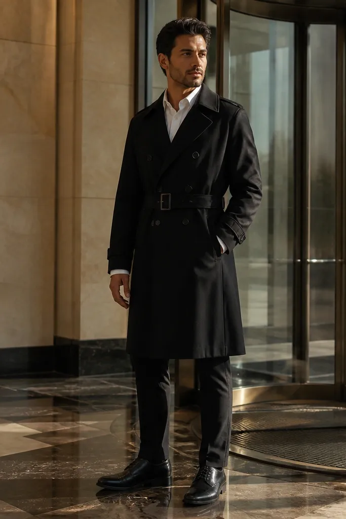 White dress shirt with slim black trousers and a black long trench coat belted at the waist