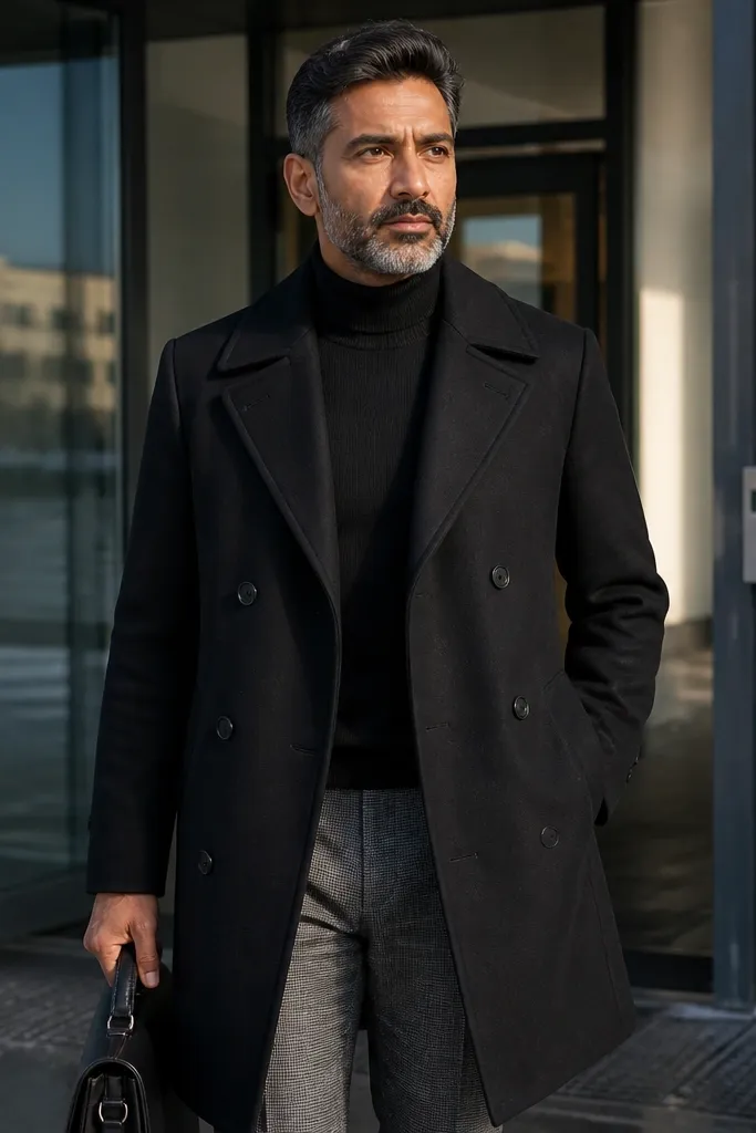 Grey flannel trousers with a black turtleneck and a black trench coat, paired with black leather boots