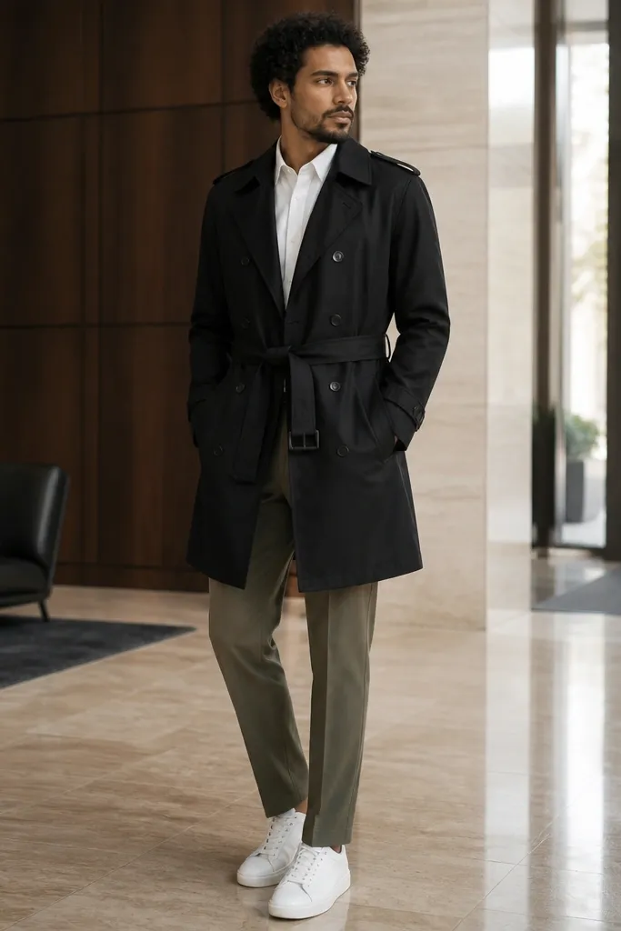 Olive chinos with a white button-down and a black trench coat, styled with clean white leather sneakers