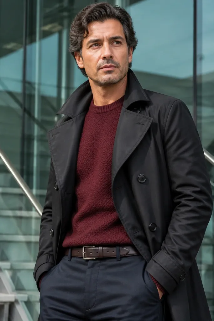 Burgundy crewneck sweater with navy trousers and a black trench coat, paired with dark brown leather shoes
