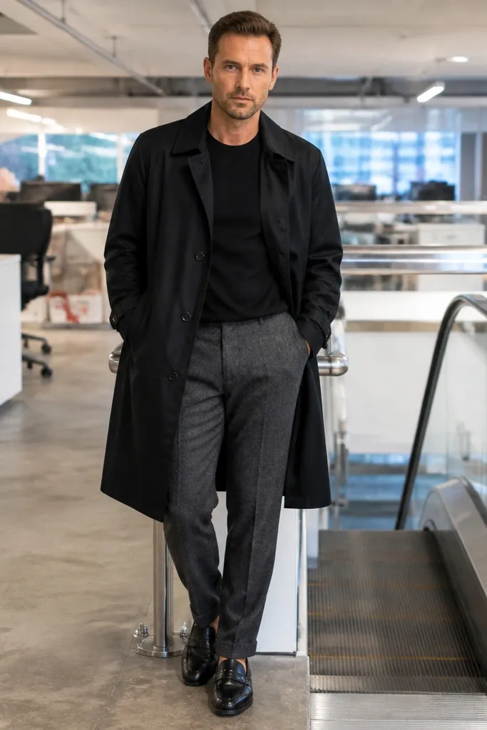 Plain black t-shirt with grey wool trousers and a black trench coat, finished with black loafers