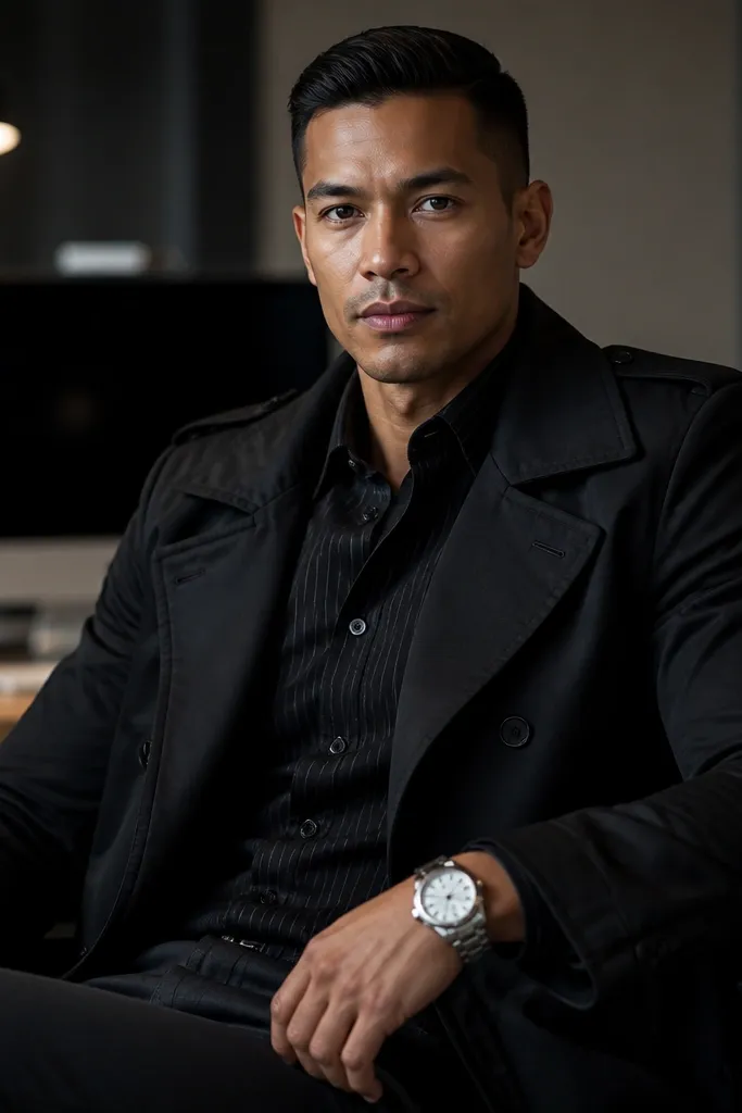 Charcoal pinstripe trousers with a pinstripe dress shirt under a black trench coat, paired with black oxfords