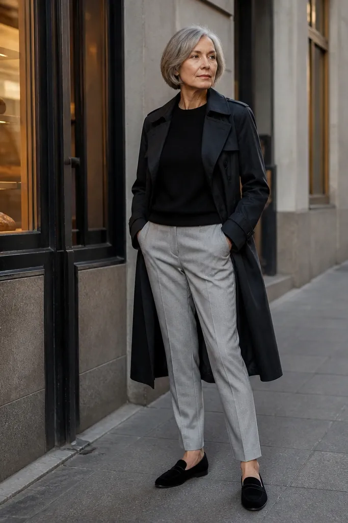 Light grey chinos with a black crewneck sweater and a black trench coat, styled with black suede loafers