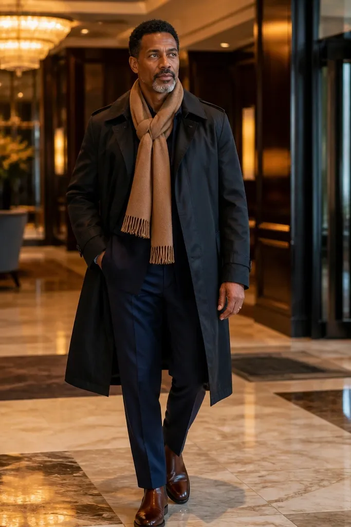 Navy suit trousers with a dark shirt under a black trench coat and a camel scarf, paired with brown boots