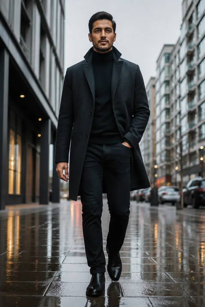 Black turtleneck with black straight jeans and a black trench coat, paired with black leather lace-ups