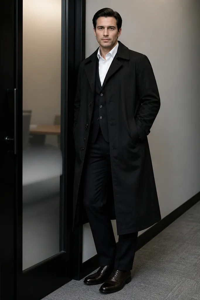 White shirt with a black vest under a black trench coat, paired with dark brown brogues
