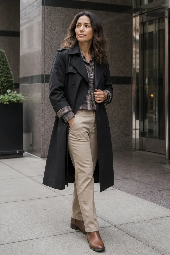 Checked flannel shirt with beige chinos and a black trench coat, paired with tan leather boots