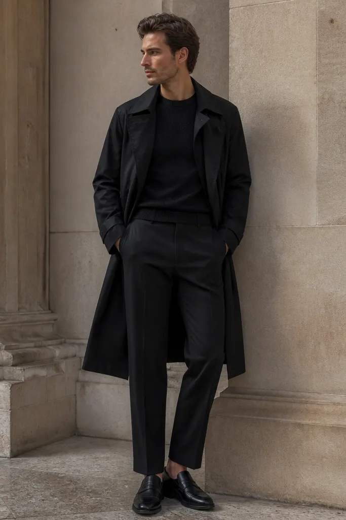 Black knit shirt with black tailored trousers and a matte black trench coat, paired with black leather loafers