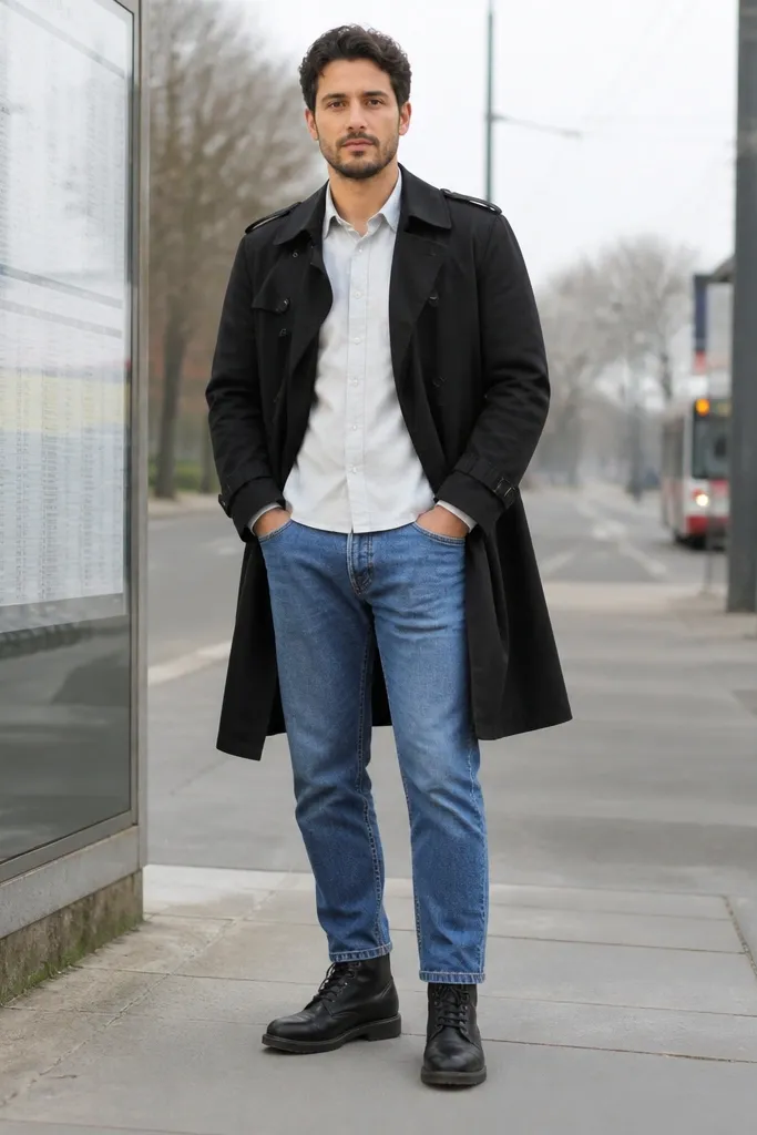 White chambray shirt with dark-wash jeans and a black trench coat, paired with black lace-up boots