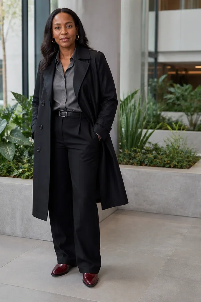 Grey oxford shirt with black trousers and a black trench coat, paired with burgundy leather shoes