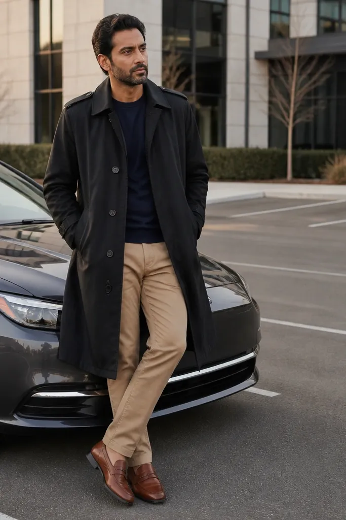 Tan chinos with a navy crewneck and a black trench coat, paired with brown leather loafers