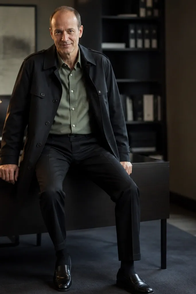 Sage green button-up shirt with black trousers and a black trench coat, paired with black loafers